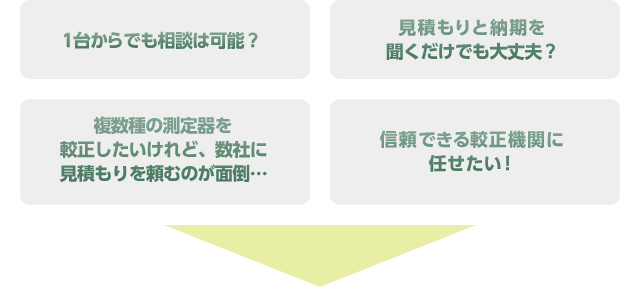 1台からでも相談は可能？／見積もりと納期を聞くだけでも大丈夫？／複数種の測定器を較正したいけれど、数社に見積もりを頼むのが面倒…／信頼できる較正機関に任せたい！